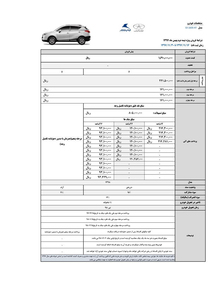 شرایط فروش جک s3 ویژه نیمه دوم بهمن