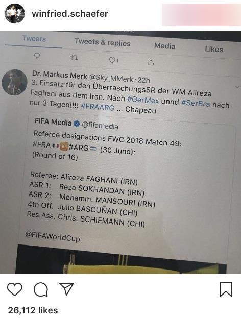 واکنش جالب شفر به انتخاب فغانى برای داوری بازی فرانسه و آرژانتین+ عکس واکنش جالب شفر به انتخاب فغانى برای داوری بازی فرانسه و آرژانتین+ عکس