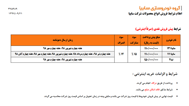 آغاز طرح جدید پیش فروش محصولات سایپا ویژه آذرماه ۹۷ از فردا آغاز طرح جدید پیش فروش محصولات سایپا ویژه آذرماه ۹۷ از فردا