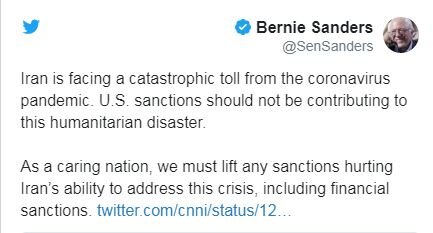 برنی سندرز خواهان لغو تحریمهای ایران در مقابله با شیوع کرونا شد برنی سندرز خواهان لغو تحریمهای ایران در مقابله با شیوع کرونا شد