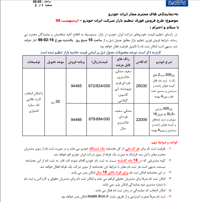 جزئیات فروش فوری خودروی ۲۰۶ و ۴۰۵ اعلام شد