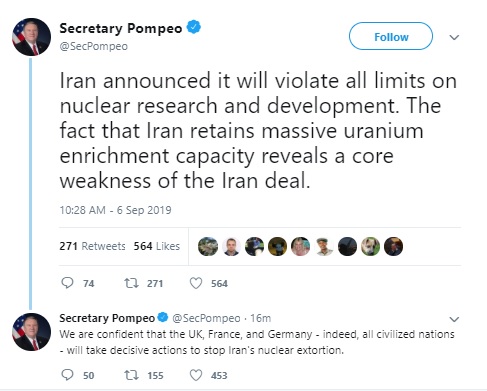 عصبانیت وزیر خارجه آمریکا از گام سوم ایران در کاهش تعهداتش