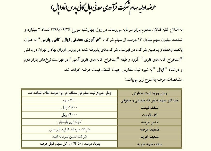 عرضه اولیه سهام شرکت فرآوری معدنی آپال کانی پارس