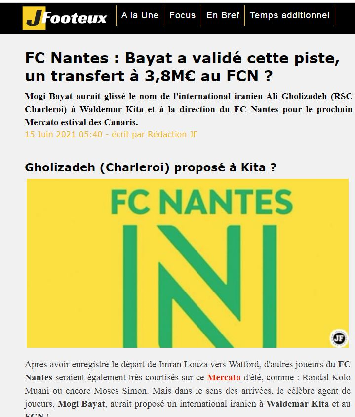 شارلروا به دنبال فروش قلی زاده به نانت+عکس شارلروا به دنبال فروش قلی زاده به نانت+عکس