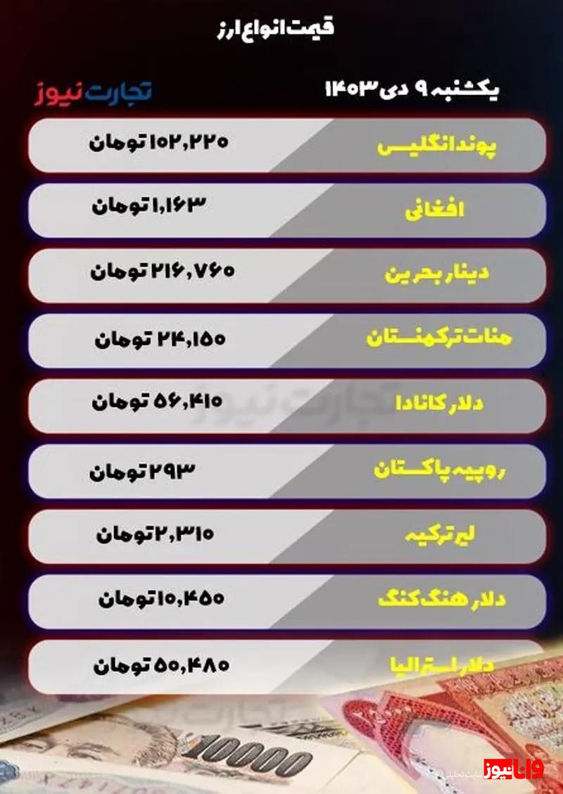 قیمت انواع ارز امروز یکشنبه ۹ دی ۱۴۰۳/ قیمت ارزهای مهم کاهشی شد