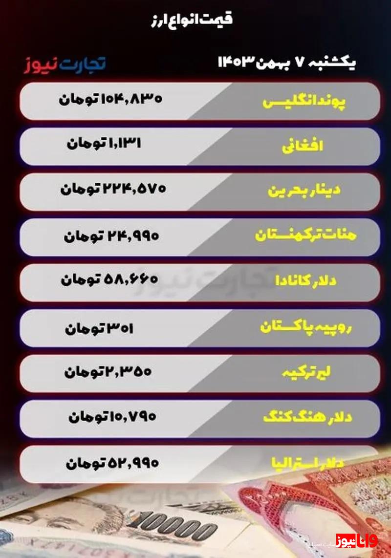 قیمت انواع ارز امروز یکشنبه ۷ بهمن ۱۴۰۳ / لیر ترکیه ثابت ماند قیمت انواع ارز امروز یکشنبه ۷ بهمن ۱۴۰۳ / لیر ترکیه ثابت ماند