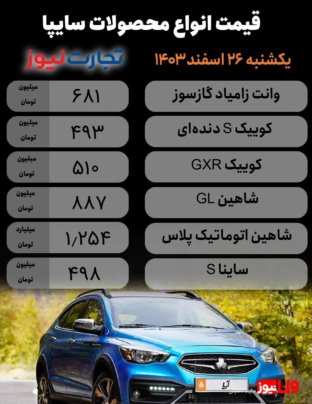 قیمت محصولات سایپا امروز 26 اسفند 1403/ ۱۱ محصول ترمز بریدند + جدول