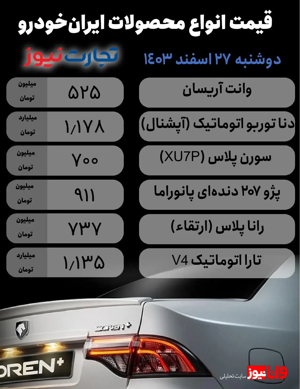 قیمت محصولات ایران خودرو امروز 27 اسفند۱۴۰۳ + جدول 