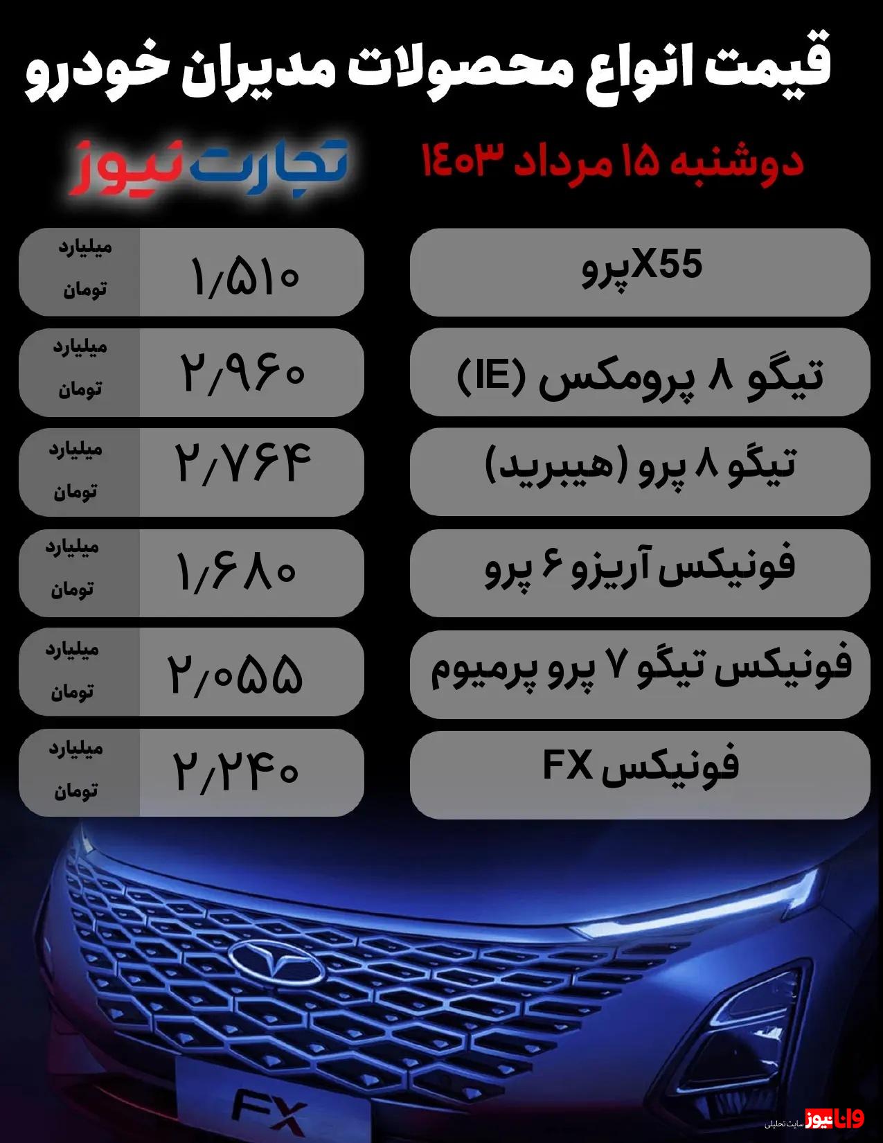 قیمت محصولات مدیران خودرو امروز دوشنبه ۱۵ مرداد ۱۴۰۳+ جدول