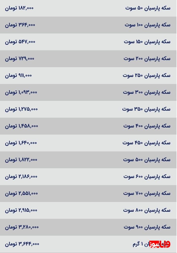 قیمت سکه پارسیان امروز چهارشنبه ۲۱ شهریور ۱۴۰۳