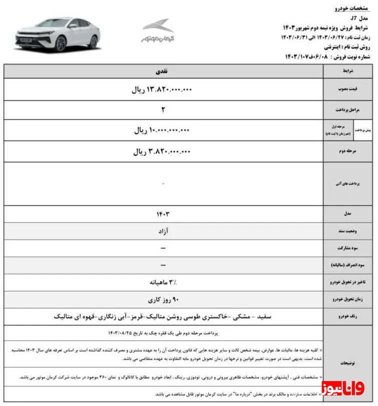 شرایط فروش دو مرحله ای کرمان موتور ویژه شهریور ۱۴۰۳ + جدول