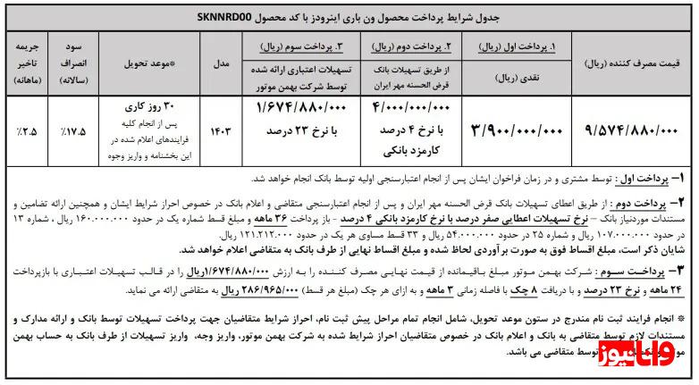 طرح فروش ون اینرودز باری مهر ۱۴۰۳ + جدول و شرایط طرح فروش ون اینرودز باری مهر ۱۴۰۳ + جدول و شرایط
