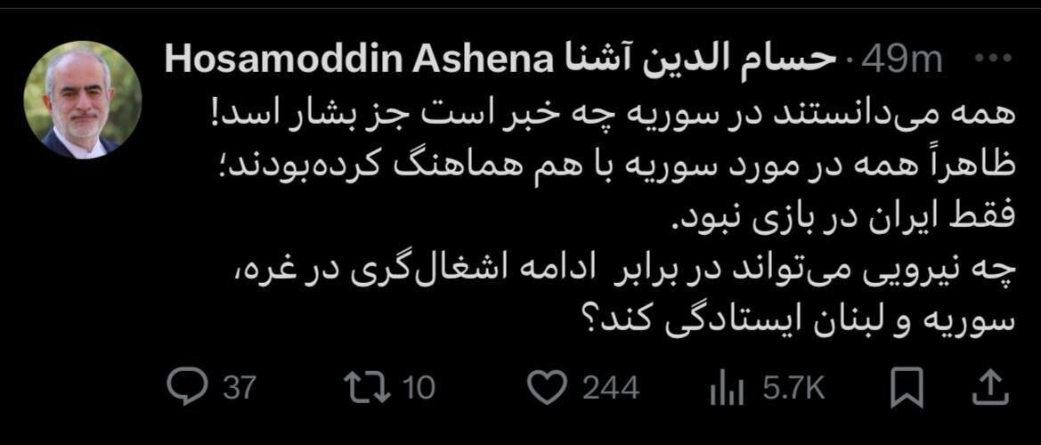 پس لرزه سقوط بشار اسد/ حسام الدین آشنا: همه می دانستند در سوریه چه خبر است جز بشار اسد/ فقط ایران در بازی نبود