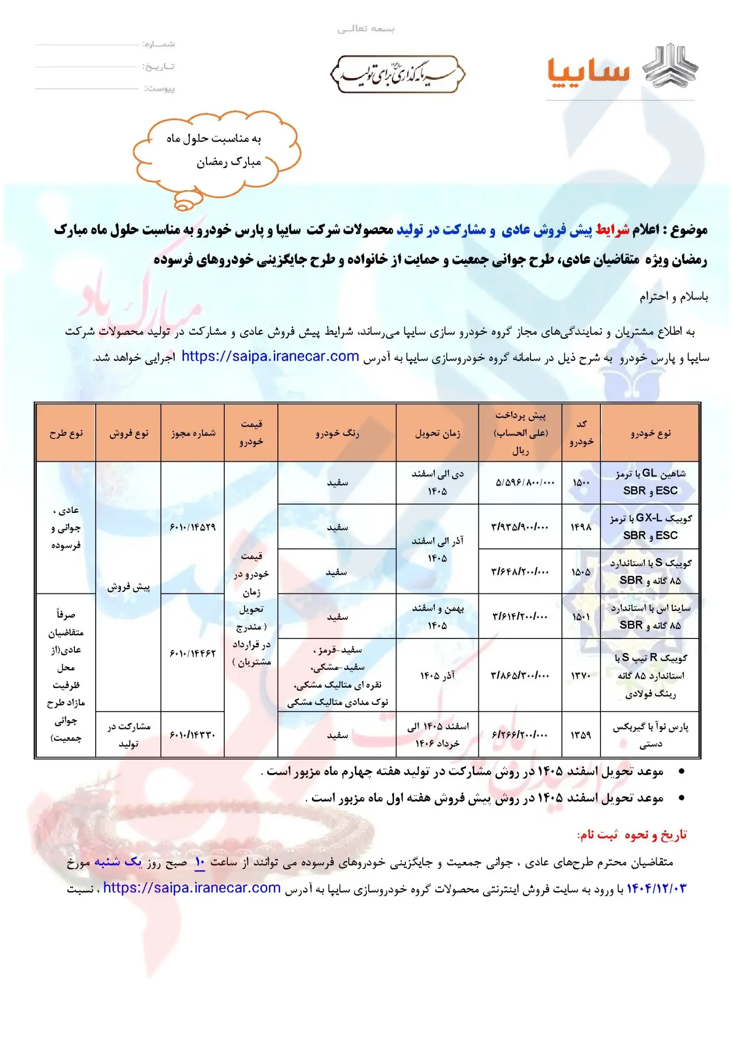 اعلام شرایط پیش&zwnj;فروش سایپا به مناسبت ماه رمضان؛ جزئیات ثبت&zwnj;نام ۶ محصول پرتقاضا