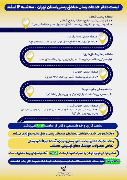 پست تهران در حالت آماده&zwnj;باش/ لیست دفاتر فعال برای خدمات&zwnj;رسانی اعلام شد