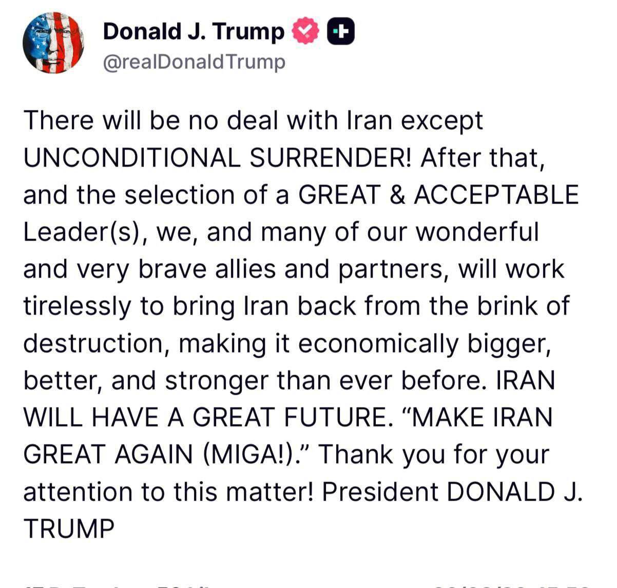 ترامپ: هیچ توافقی با ایران وجود نخواهد داشت مگر &laquo;تسلیم بدون قید و شرط&raquo;