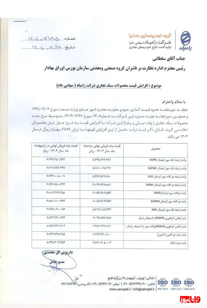 اعلام قیمت جدید محصولات زامیاد