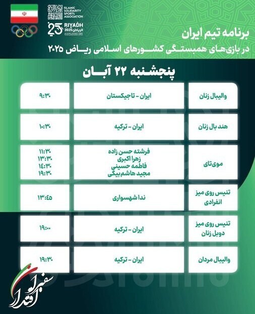 برنامه ورزشکاران ایران در ششمین روز بازیهای کشورهای اسلامی برنامه ورزشکاران ایران در ششمین روز بازیهای کشورهای اسلامی