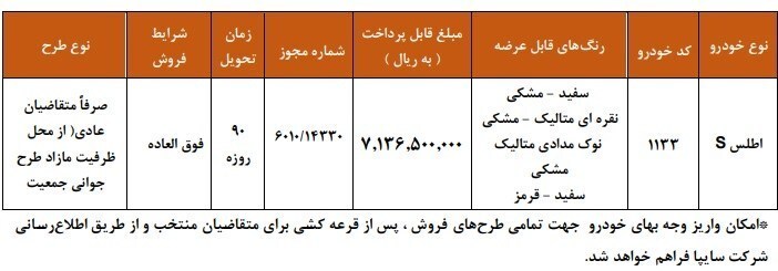 شرایط فروش سایپا اطلس S در آذر 1404 اعلام شد شرایط فروش سایپا اطلس S در آذر 1404 اعلام شد