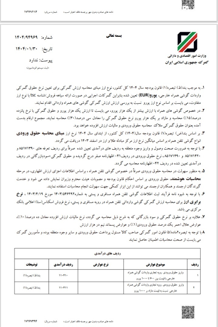 حقوق ورودی واردات گوشی تلفن همراه مشخص شد/