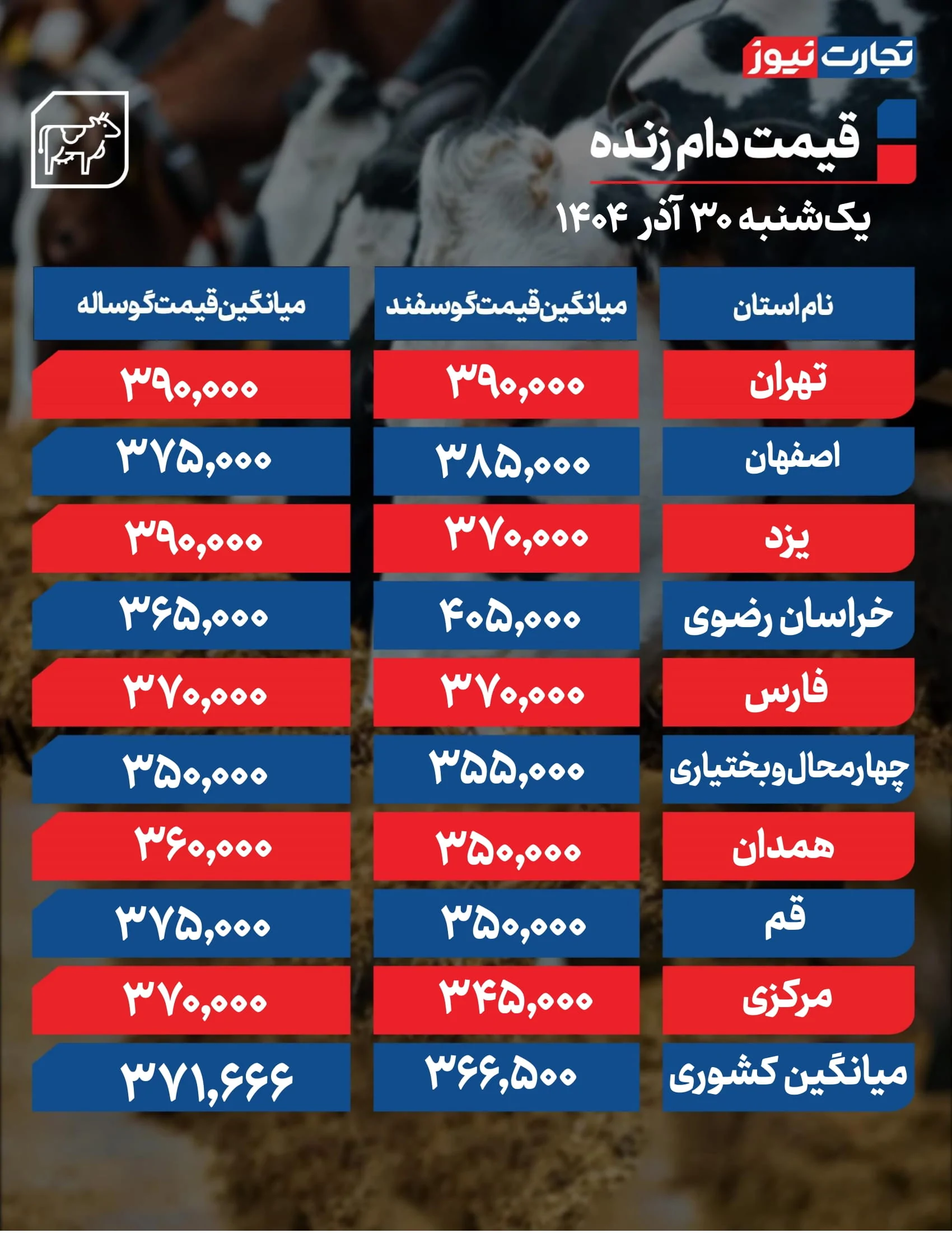 قیمت دام زنده امروز ۳۰ آذر 1404 + جدول