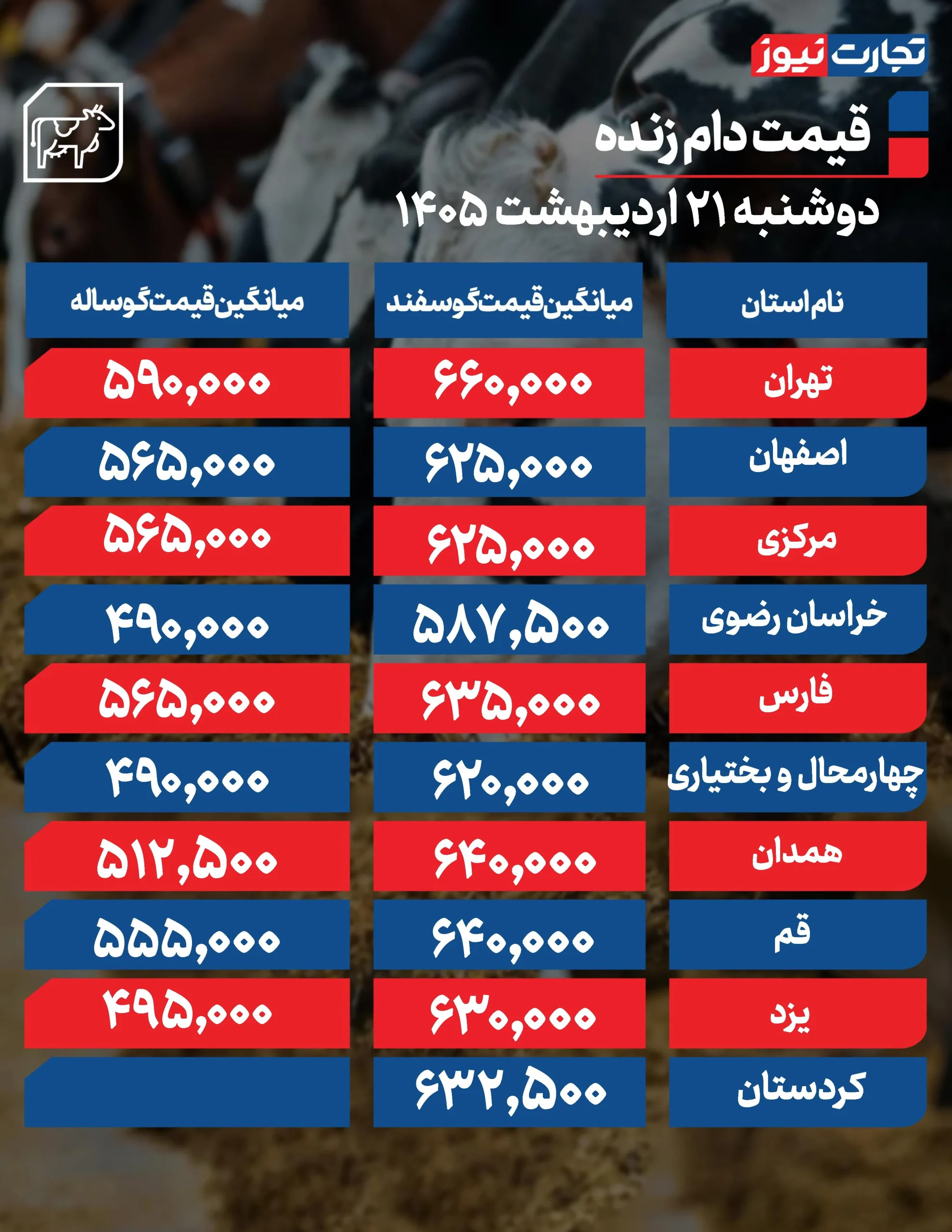 قیمت دام زنده امروز ۲۱ اردیبهشت ۱۴۰۵ + جدول