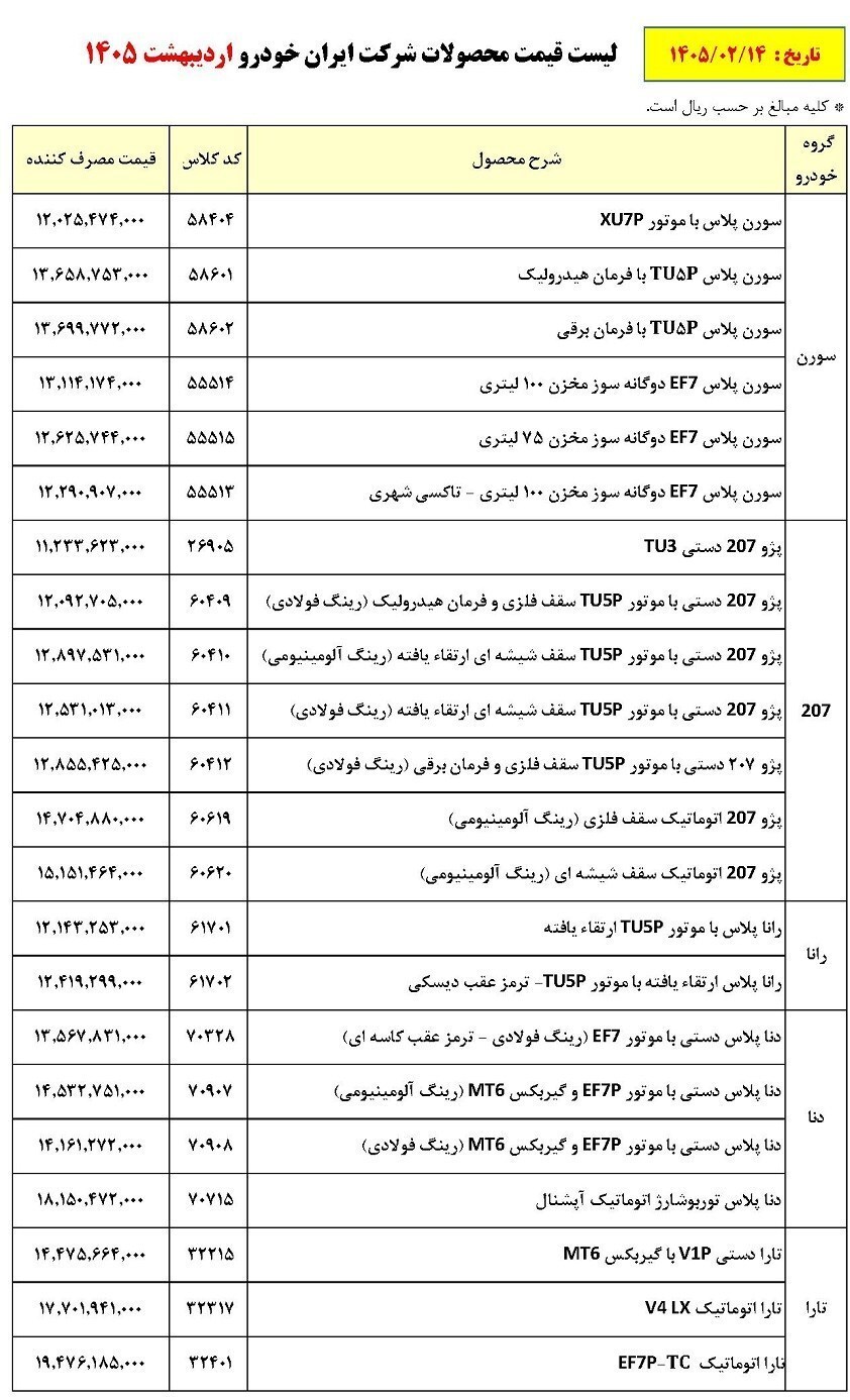 قیمت جدید خودروهای ایران خودرو ویژه اردیبهشت ماه ۱۴۰۵ اعلام شد قیمت جدید خودروهای ایران خودرو ویژه اردیبهشت ماه ۱۴۰۵ اعلام شد